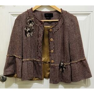 BCBGMAXAZRIA Women's S Tweed Herringbone Sequin Embellished‎ Cropped Jacket